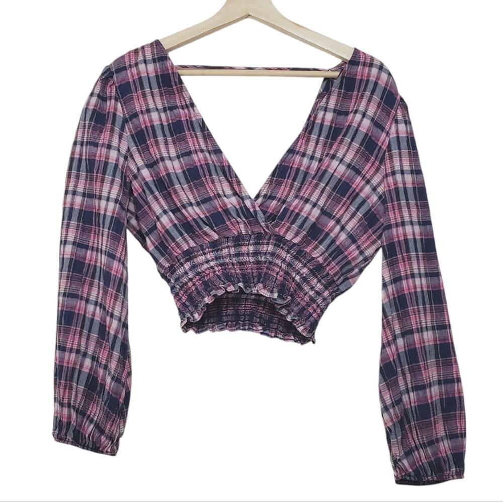 Zara | Plaid Cropped Ruched Waist Long Sleeve Top